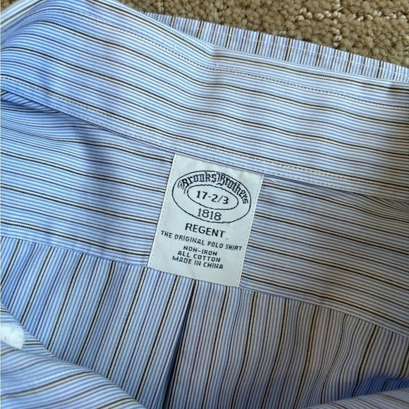 Brooks Brothers Non-Iron Dress Shirt REGENT Blue/Brown Stripe Men's Size 17-2/3 - Picture 5 of 9
